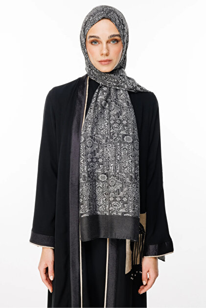 Henna Pattern Double Sided Shawl Black-Black