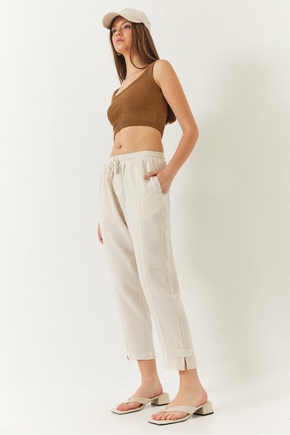 Women's Ecru Linen Elastic Waist Tie-Up Leg Detail Pocketed Carrot Cut Trousers 3875 60261419