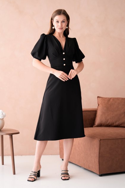 Black Atlas Fabric V-Neck Balloon Sleeve Bell Cut Midi Evening Dress with Button Accessories 153