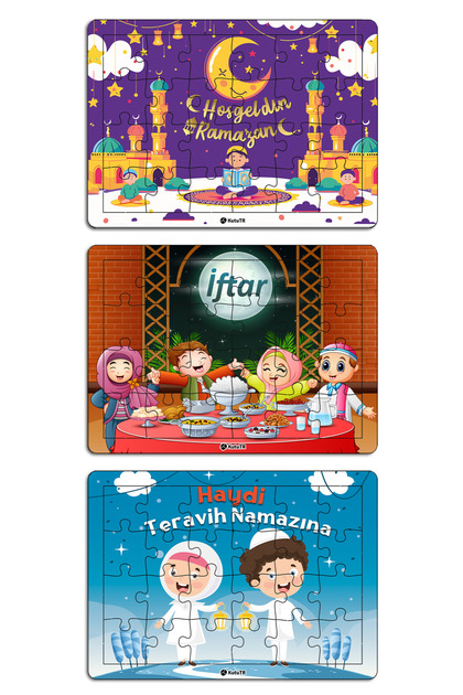 kutuTR 🌙🧩 3'lü Ramazan Temalı Ahşap Puzzle Seti | 18x25 Cm | 24