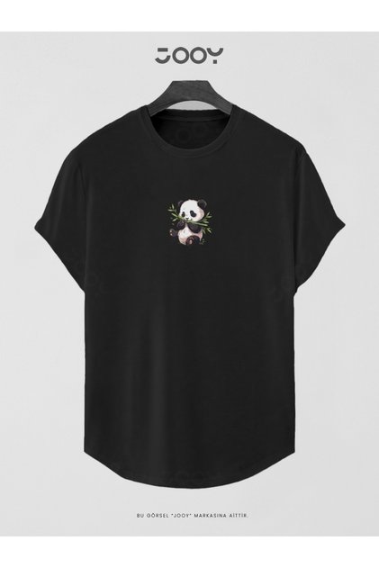 Black Bamboo Panda Printed Slim Fit Oval Cut T-Shirt