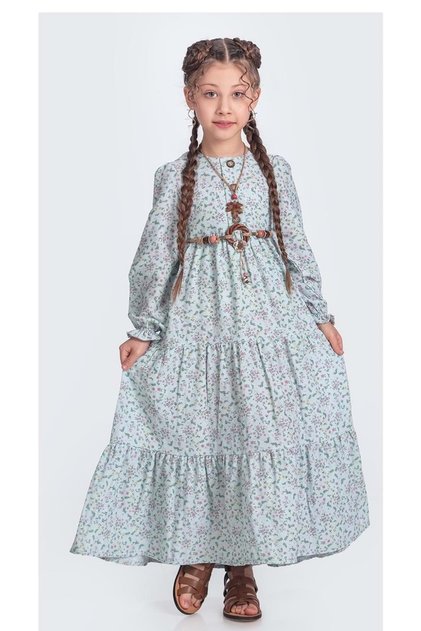 Muslin Fabric Girls' Long Sleeve Hijab Dress M00705 Light Green