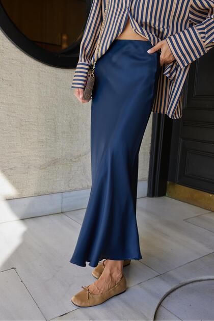 Navy Blue Elastic Waist Shiny Satin Skirt