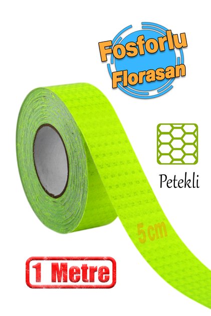 Yapışkanlı Gece Parlayan Reflektörlü 5 cm Fosforlu Reflektif İkaz Bandı 1 Metre Florasan Şerit Bant