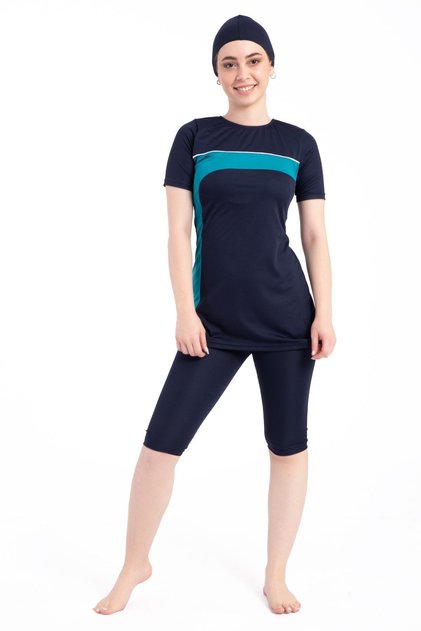 Women's 667 Striped Short Sleeve Tights Hijab Swimsuit Navy Blue-green