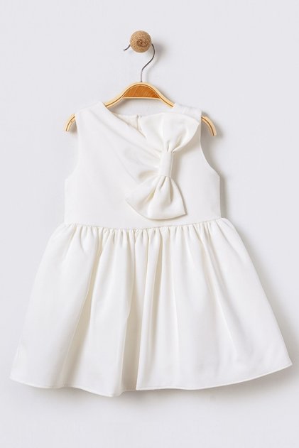 Stretchy Crepe Fabric Bow Detail Flared Cutout Sleeveless Ecru Girl's Dress 15703