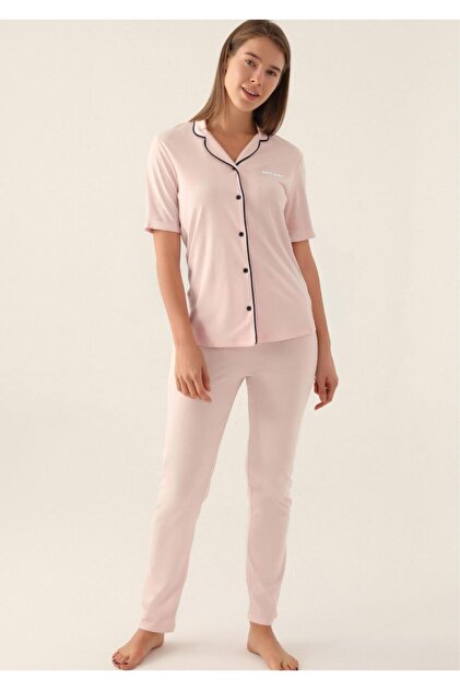 Women's Salmon Modal & Cotton, Short Sleeve, Front Button, Women's Pajamas Set R.O.7.7.Z.E.1.5.L.T.