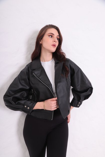Oversize Women's Cream Balloon Sleeve Bomber Leather Jacket