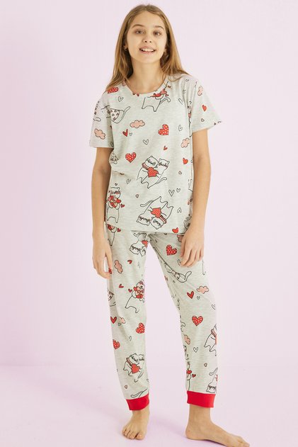 Gray Girl's 100% Cotton Cat Heart Printed Crew Neck Pajamas Suit 25110053