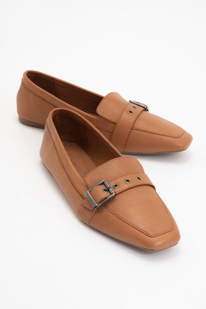 Periwinkle Tan Skin Genuine Leather Belted Women's Loafer Shoes