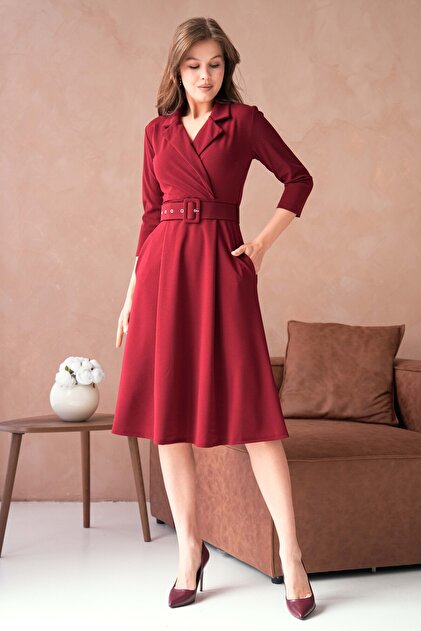 4S1B FASHION Burgundy Stretchy Crepe Fabric Double Breasted Neckline Belted  Design Midi Length Burgundy Dress 020- Trendyol