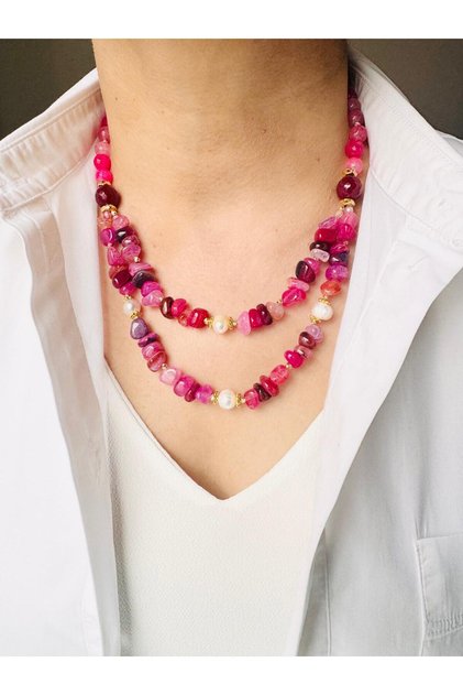 Pink Quartz Natural Stone and Real Pearl Custom Designed Necklace