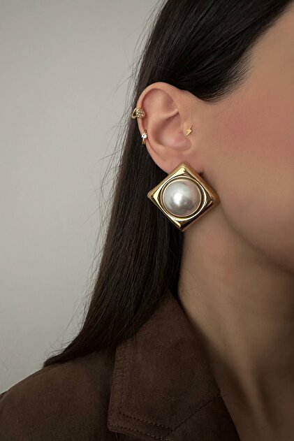 Steel Square Pearl Earrings