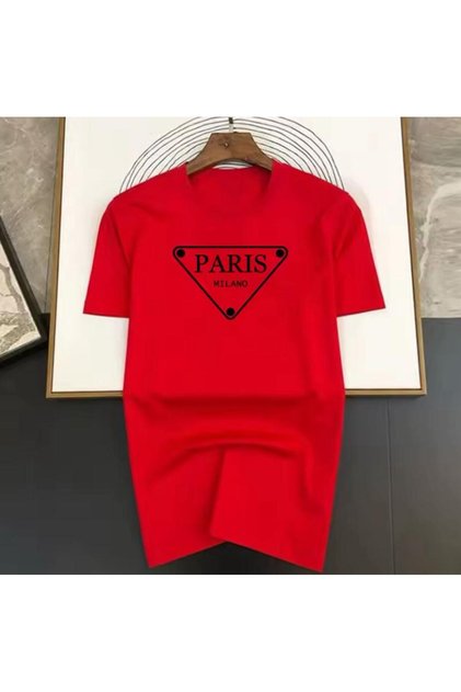 Tricou roșu pentru bărbați din bumbac pieptănat cu decolteu rotund, imprimat Paris Milano