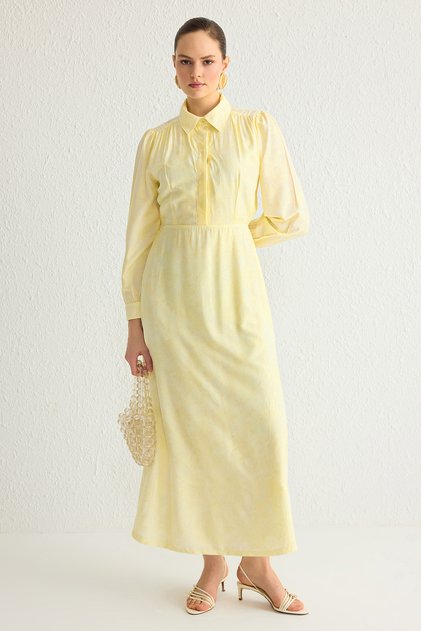 Hellgelbes Jacquard-Hemdkragen-Webkleid TCTSS25EB00009
