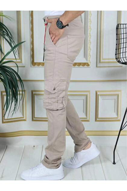 Ανδρικό παντελόνι Cargo Cream Lycra Stretch Gabardine/καμβάς με τσέπες με φυσούνα Commando Cargo Pocket Κομψό παντελόνι