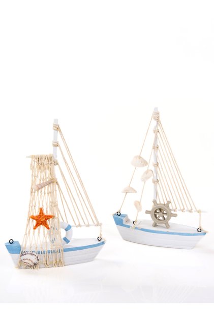 Marin Tekne Deniz Kabuklarıyla Süslenmiş Ahşap Yelkenli Biblo Ofis dekorasyon Tekne 22,5cm x 15cm