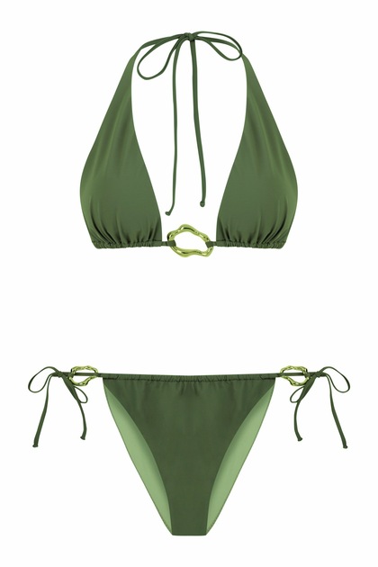 Aksesuarlı Haki Uzun Üçgen Bikini Takım
