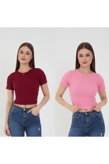 Women's 2-Piece (Bordo and Pink) Short Sleeve Ribbed Crew Neck Cotton Knitted Camisole Crop T-Shirt Blouse