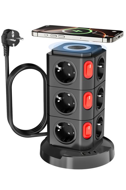 Akım Korumalı Priz Kablosuz Şarj İstasyonu 12x Priz / 1x USB / 2x TYPE-C Girişli 1.8mt Kablo