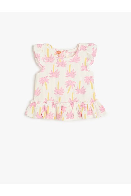 Frilly Peplum T-Shirt Cap Sleeve Printed Round Neck