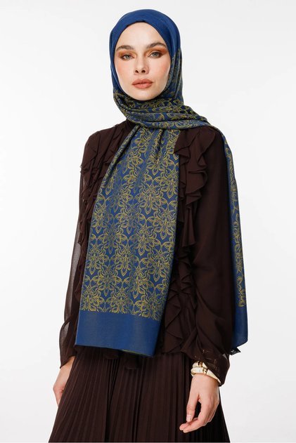 Nora Pattern Double Sided Shawl Navy Blue-Oil Green