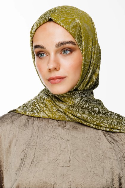 Velora Pattern Double Sided Shawl Oil Green-Ecru