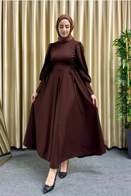 Side Threaded Balloon Sleeve Scuba Hijab Dress