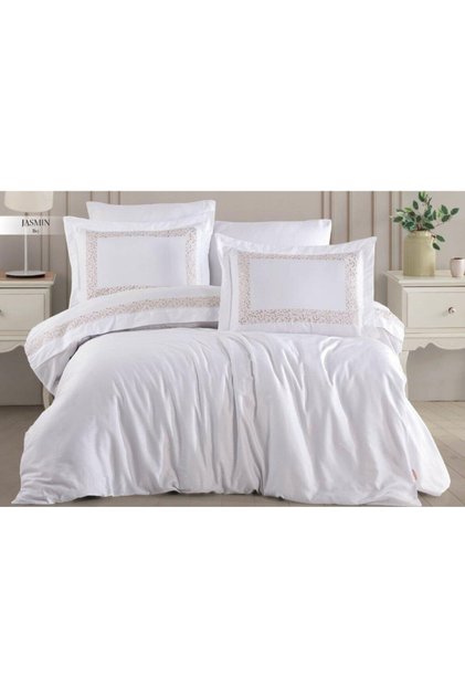 Jasmin Embroidered Satin Beige Duvet Cover Set with 4 Pillowcases