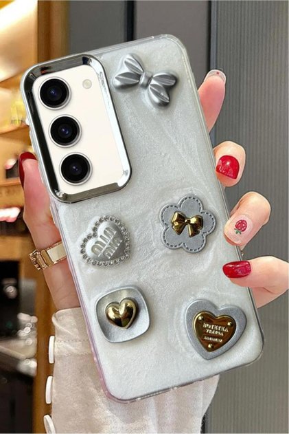 Samsung Galaxy S23 Compatible 3D Stone Ribbon Butterfly Heart Glitter Motif Glitter Hard Cover