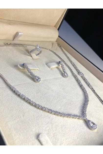Kadın Gümüş Takı Seti - Damla Model Zirkon Taşı Kolye, Bileklik, Yüzük, Küpe Tam Set