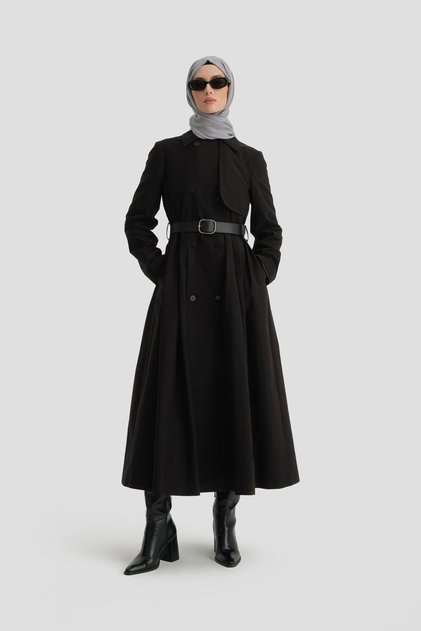 Black Top Coat - Pleated and Belted, 24K8002 Model