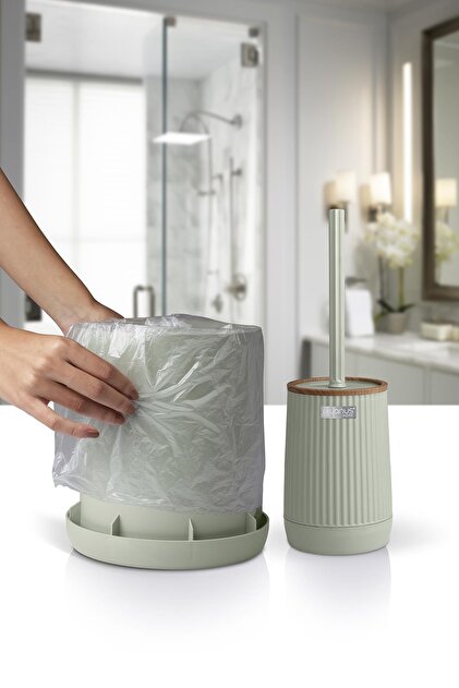 Okyanus Home Nida Yeşil Ahşap Desenli Eko 2'li Wc Kova Ve Fırça