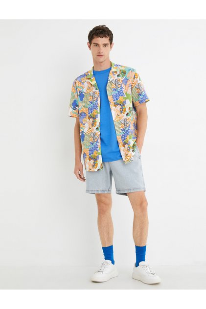 Summer Shirt Short Sleeve Turn-down Collar Ethnic Printed Cotton