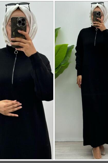 NİLAY TRİKO ELBİSE Rochie pentru femei, neagră, cu guler și fermoar, cu detalii, stil Hijab