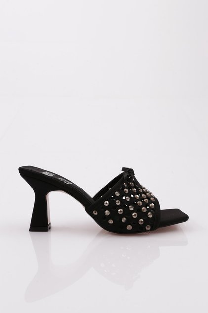 7256 Women's Ribbon Detailed Heeled Slippers Black Satin