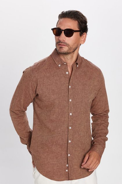 Men's Slim Fit Slim Fit Long Sleeve Linen Premium Series Buttoned Lapel Sports Brown Shirt