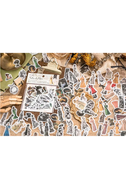 Vintage 50 Piece Sticker Set with Retro Woman Figure – Scrapbook, Decorative Sticker, Notebook Embellishment