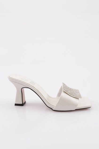 Women's Square Stone Buckle Heeled Slippers White 8351535