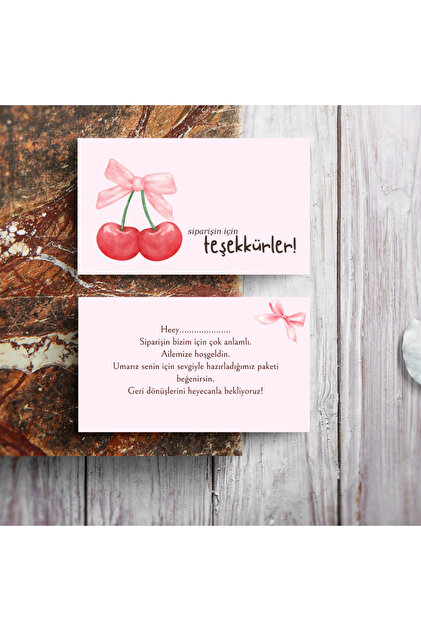 Kiraz Desenli Çift Taraflı Teşekkür Kartı,Thank You Card,Hediye Kartı,100 Adet ( 8.2 x 5.2 cm )