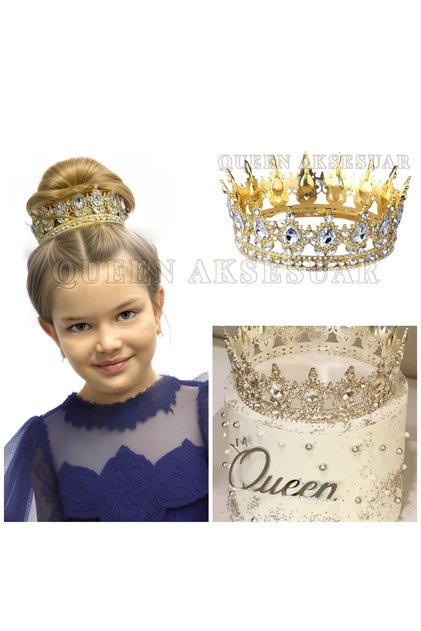 Full Circle Metal Luxury Tiara with Crystal Stones King Queen Crown Cake Bun Bridal Head Engagement Crown Gold