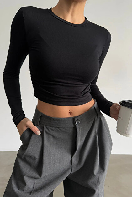 Women's Long Sleeve Lycra Basic Crop Top - Comfortable and Stylish Design