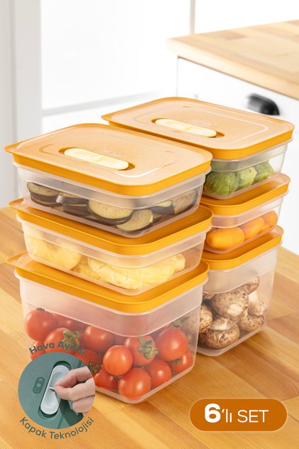 6-Piece Air-Channel Adjustable Vegetable and Fruit Storage Container Set 4X(1.15 Lt) 2X(2.35 Lt) Orange