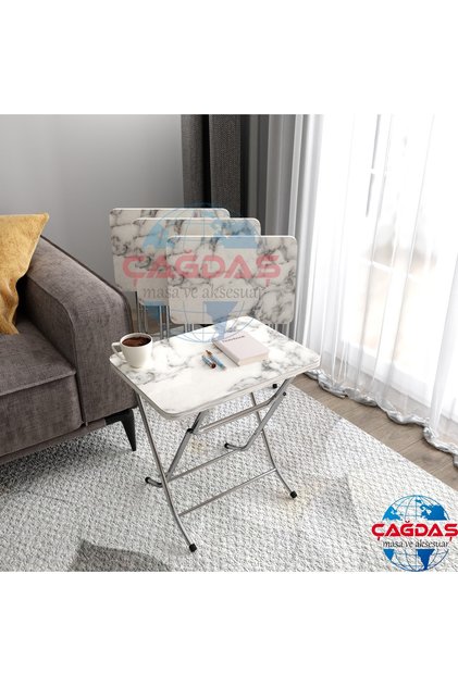 Avenza Katlanabilir Beyaz Mermer Zigon 4'lü Sehpa Takım Paslanmaz Gri Metal Ayaklı 35x45