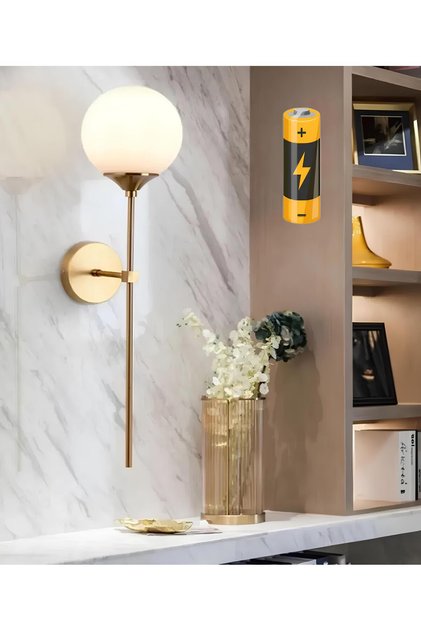 Modern Tasarım Aç Kapa Butonlu Pilli Aplik Duvar Beyaz Opak Beyaz Camlı Aplik Eskitme Gold