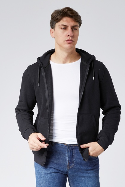 Mooncover Erkek Fermuarlı Kapşonlu Cepli Sweatshirt – Siyah