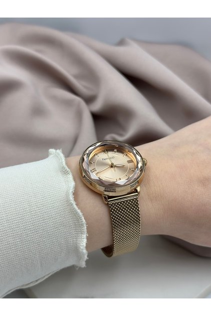 Kristal Kesim Camlı Rose-Gold Tek Taşlı Şık Tasarım Ferrucci Kadın Saati