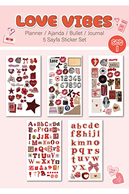 5'Li "Love Vibes" Vintage Sticker Planner Ajanda Bullet Journal Için Uygun Set 1