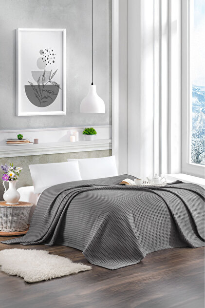 Double Gray Color Waffle Pike 100% Cotton 200X220 cm