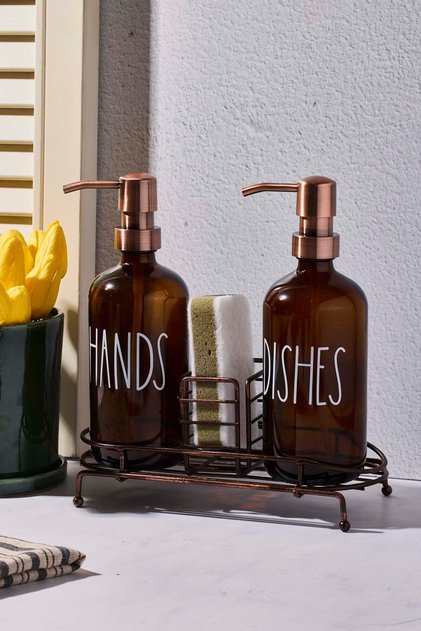 Lossy Metal Copper Stand 2-Pack Amber Kitchen Liquid Soap Dispenser Glass